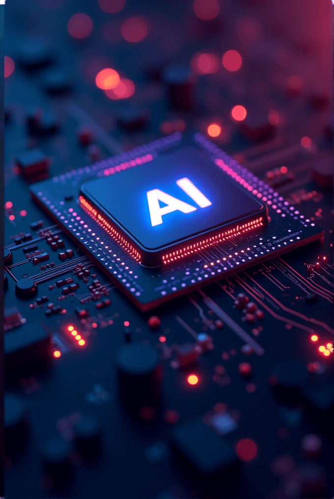 A glowing AI chip on a dark circuit board, illuminated by red and blue lights.