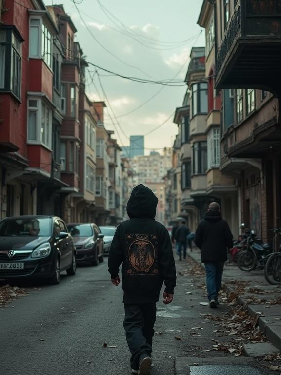 A street scene in Istanbul highlighting urban life. A person walks away with a hoodie. Buildings line the street. A hint of Turkish culture, modern architecture.