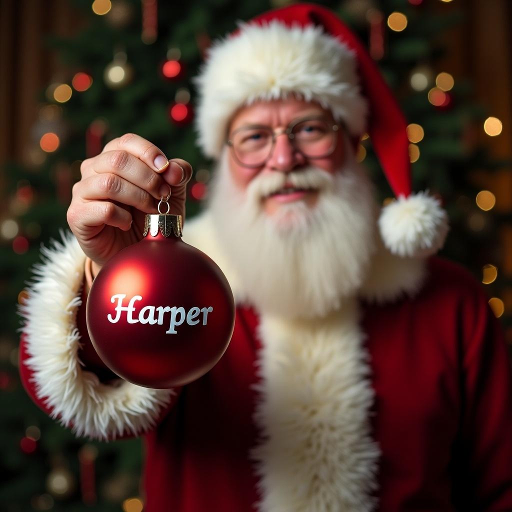 The image features Father Christmas, also known as Santa Claus, cheerfully holding a red bauble with the name 'Harper' elegantly written on it. His bright red outfit is adorned with fluffy white trim, and he wears round glasses that complement his jovial expression. The backdrop showcases a beautifully decorated Christmas tree filled with twinkling lights and ornaments, creating a warm, festive atmosphere. The scene captures the essence of holiday joy and personalization, perfect for anyone celebrating the season with loved ones. The overall vibe is cheerful and heartwarming, ideal for sharing holiday greetings.