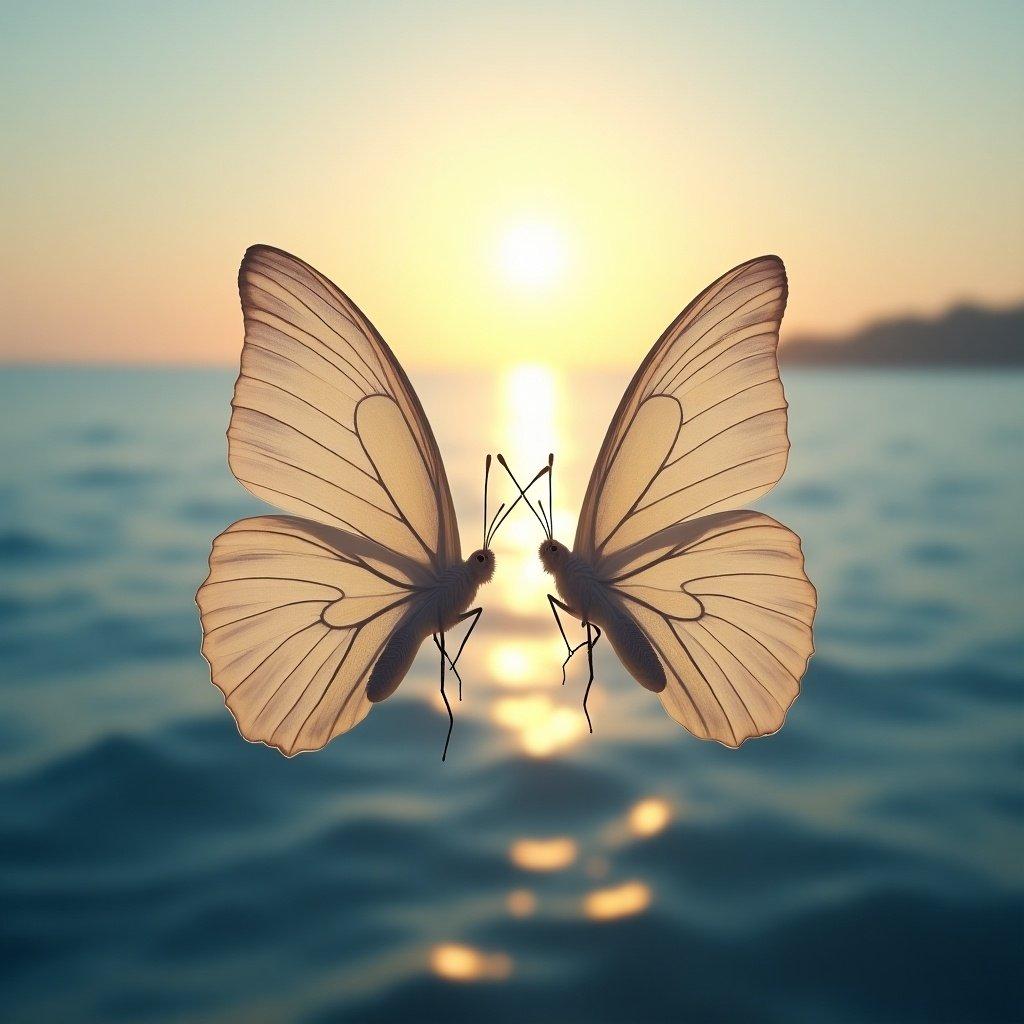 Two white butterflies are centered against a backdrop of blue water and a golden sunset. The image captures the beauty of nature during early evening. Butterflies symbolize achievement in small beings.