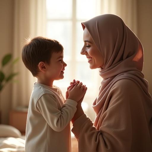 Child gently holding his mother's hand. Both smiling softly. Mother wearing a modest hijab. Background softly lit creating a cozy atmosphere. Setting feels safe and nurturing. Natural light enhances trust and affection.