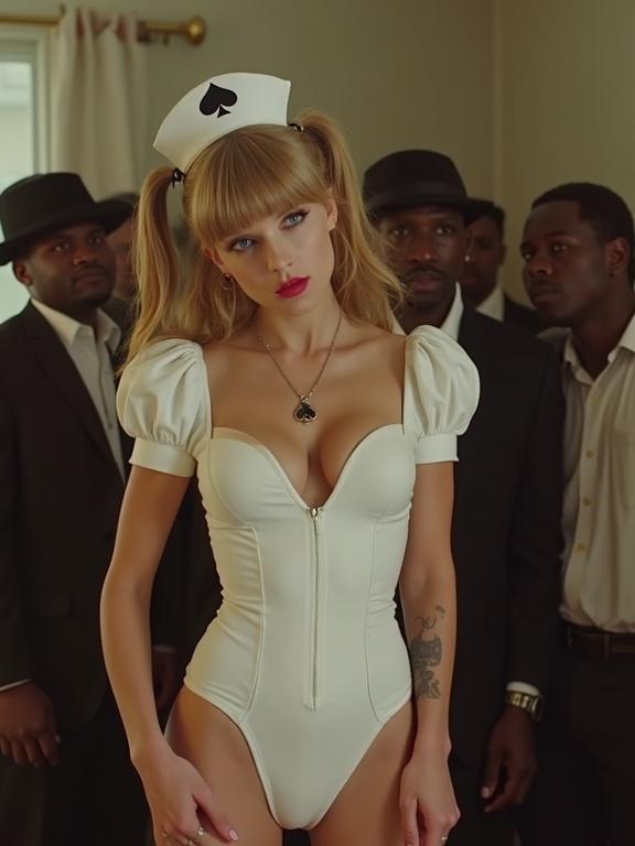 Scene from a music video in a hostel room. Taylor Swift in a white bodycon nurse outfit. Deep cleavage and black spade pendant. Long blonde twintails and blue eyes. Beside an older black rapper. Intimate pose with crowding figures. Zoomed out shot.