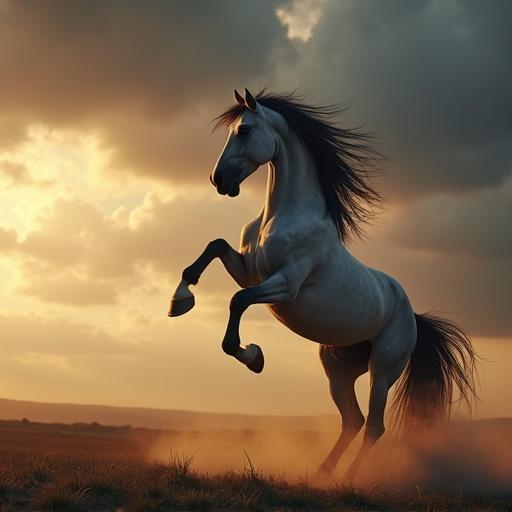 Photorealistic portrait of a grey Andalusian horse rearing. Stormy sky at golden hour. Horse coat gleams. Dark mane and tail flowing. Emphasize muscle and gaze. Background has heavy clouds with light rays. Use shallow depth of field. Dust from hooves. Epic and sharp focus.