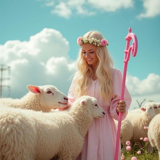 Realistic photo of white sheep with a pink sheep in the middle. Aqua sky with clouds. Light pink rose bushes. A woman with long blonde hair looking at the sheep, holding a pink shepherd staff. She is petting the pink sheep. A garland of white flowers on her head.