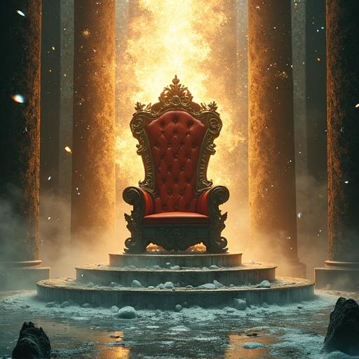 Mid-air floating throne in a dramatic frozen explosion of time. Antique clocks shatter around. Melting gears and glass shards suspended. Waves of time warp with golden light. Surreal and dramatic atmosphere. Epic fantasy concept art. Cinematic lighting. Ultra-detailed.