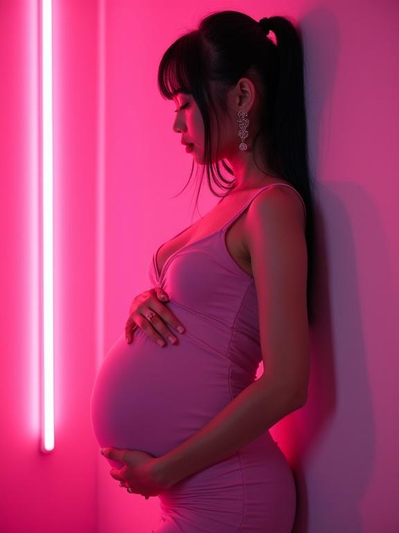 Pregnant Korean woman in goth style. Wearing a pink bodycon dress with a large baby bump. Has pigtails and hoop earrings. Leaning against a wall with neon pink lights.