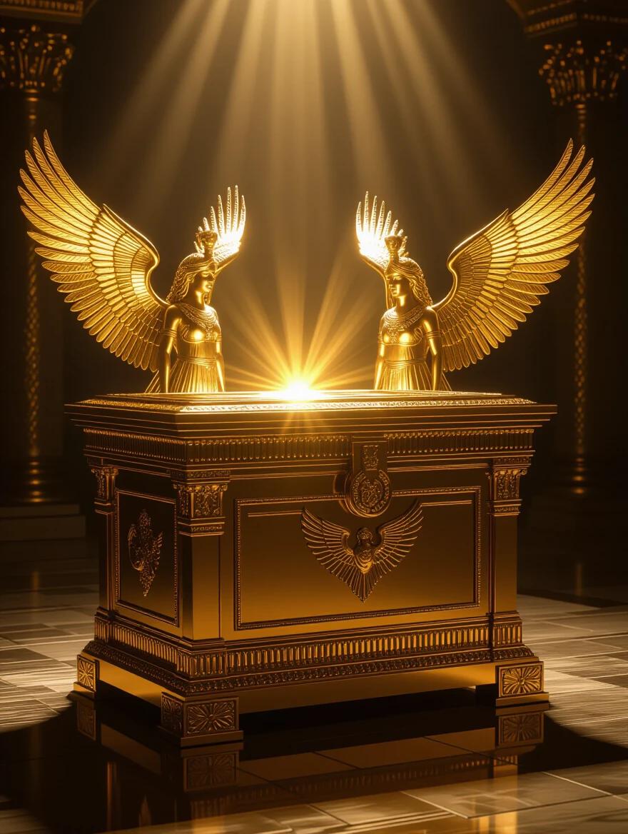 A sacred golden chest containing the Ark of the Covenant. The chest has two cherubim with outstretched wings facing each other on the lid. The chest is overlaid with pure gold and made of acacia wood. It has golden rings on four corners and gold-covered poles for carrying. The scene is illuminated with divine light radiating from the chest, creating a holy aura. Dark temple-like background enhances the dramatic effect. Rich golden tones and ancient majestic style emphasize its significance.