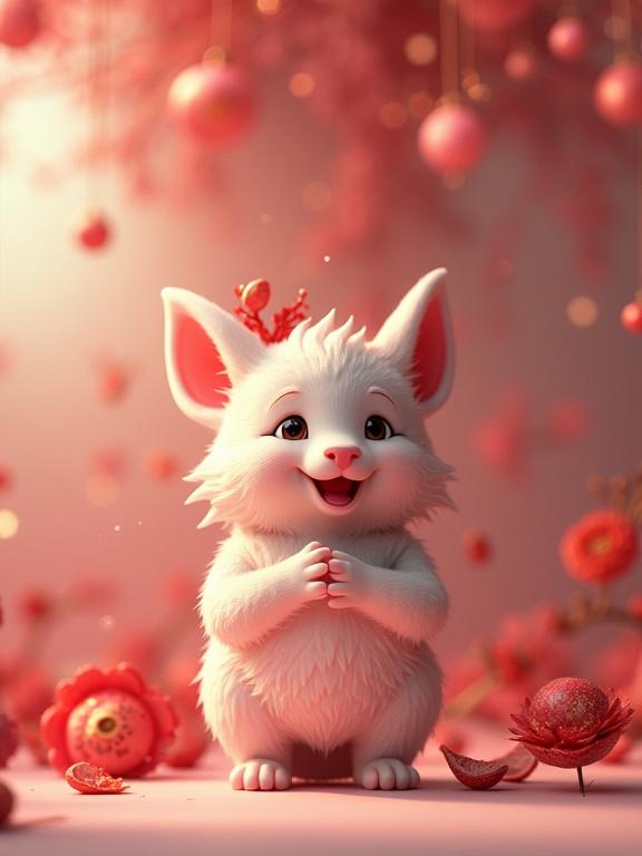 A cute cartoon rabbit with big ears and a cheerful expression. Surrounded by flowers and soft lights. Soft pastel colors create a warm atmosphere. 3D rendered digital art with intricate textures. The overall vibe is playful and heartwarming.
