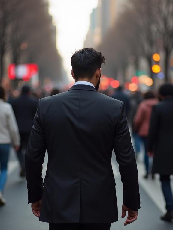 A handsome Latino man dressed in a dark suit and shirt walks through a busy street. He is turned with his back to the camera but looks back with a fearful expression. The scene is filled with bustling pedestrians around him.