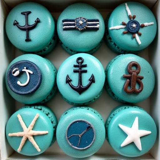 Overhead view of a box containing macarons colored in teal. Macarons showcase nautical and masculine designs. Nine pieces arranged in a grid pattern. Clean and aesthetic presentation of baked goods.
