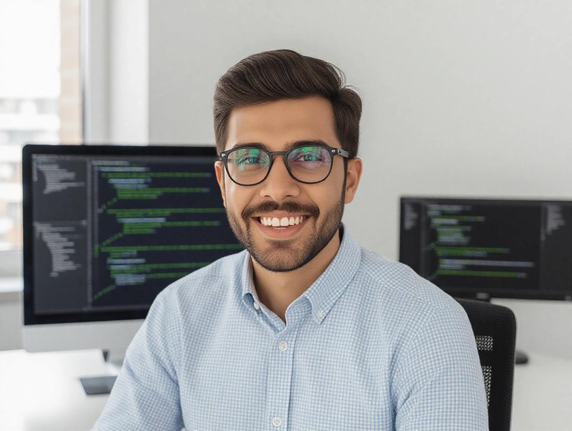 Professional looking male software developer sits in a modern office. Smiling in front of two computer screens displaying code. Dressed in a light blue shirt. Indoor workspace with a clean aesthetic.