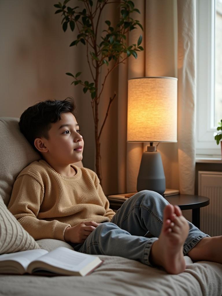 A 14-year-old boy relaxing on a sofa, thinking about home decorations and gadgets. He is dressed casually and is in a cozy living room setting with a book beside him. The atmosphere is warm and inviting.