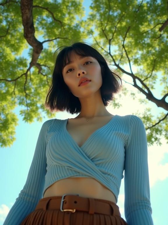Medium shot of a young woman from the waist up against a tree canopy. Extreme low angle perspective with her leaning towards the camera. She has a soft gaze and is wearing a blue ribbed crop top and brown pleated skirt. Dark bob-length hair and winged eyeliner. Background has green leaves and blue sky with clouds. Natural daylight creates soft shadows and highlights. Dreamy and ethereal mood.
