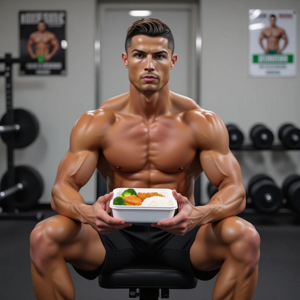 A muscular individual sits on a gym bench. The individual holds a lunchbox with rice chicken and broccoli. The background includes dumbbells and fitness posters. The individual appears serious and sweaty from training. Clothing style is old school gym wear. The scene captures the essence of fitness and healthy eating.