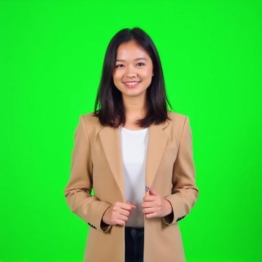 Young woman smiles confidently in front of the camera. She wears a polo shirt and stands against a green studio background. Looks like a TV host delivering lines professionally.