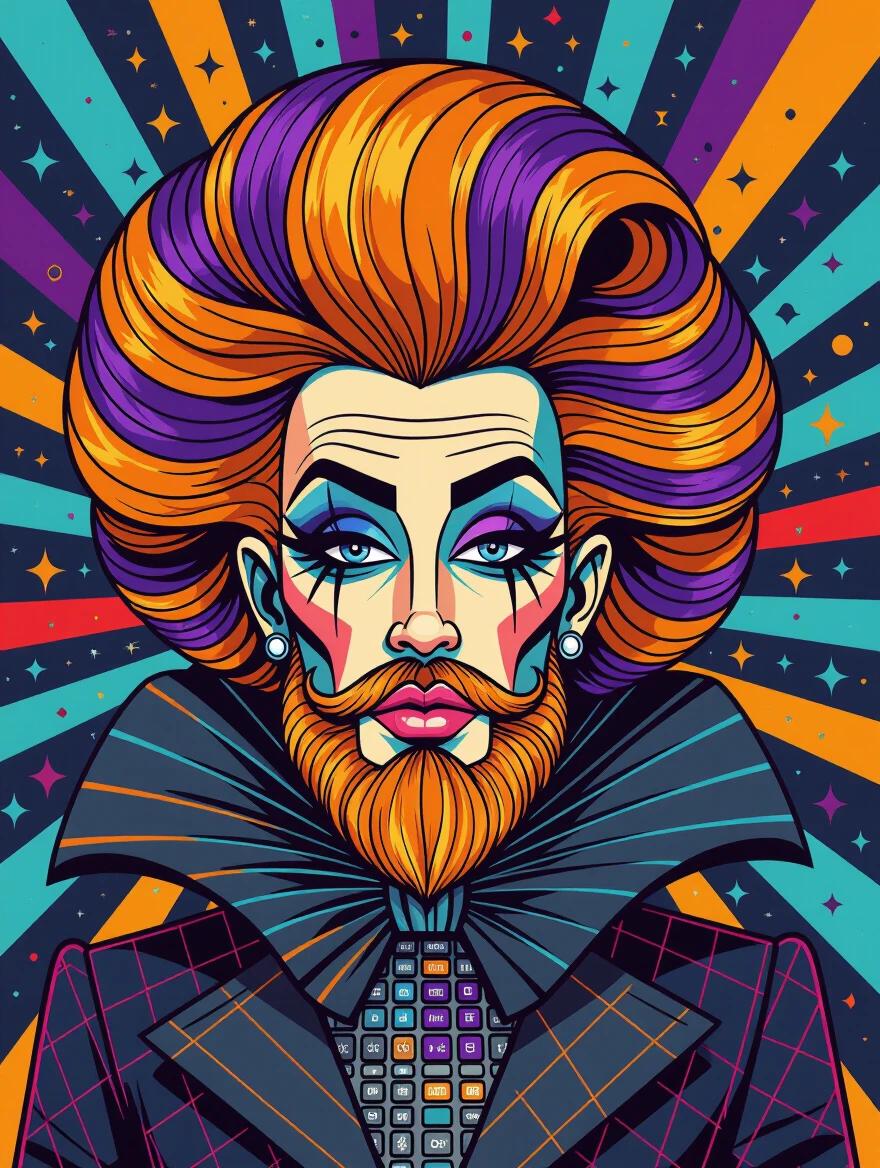 Highly stylized caricature drawing of a person with voluminous curly orange hair and beard. The hair and beard feature a mix of purple, cyan, and gray stripes. Dark eyeshadow and eyeliner highlight eyes. The person wears a shiny dark garment with a large decorative ruffle at the neck. Bright and bold colors used in a digital cartoon style.