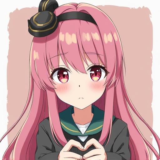 A girl with long pink hair and a black bow. She wears a school uniform and makes a heart shape with her hands. Soft colors and an expressive face.