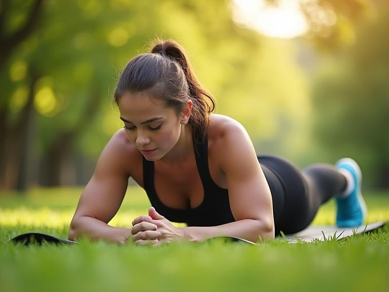 Image shows an individual performing a plank on a yoga mat in an outdoor setting with lush green trees in the background. The scene is brightened by soft natural sunlight. The person is focused on maintaining the plank position, conveying a dedication to fitness.