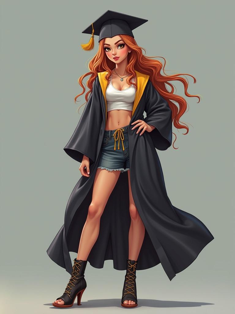 Illustration of a graduate in a stylish outfit. The graduate wears a black and gold commencement robe with a cropped top and denim shorts. Footwear is high-heeled sandals. Long wavy hair frames the figure. The background has a simple soft tone.