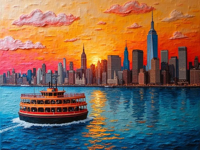 Collage depicting Staten Island Ferry with New York skyline at sunset. Buildings crafted from layered colorful fabrics. Sky and water feature quilted textures. Warm amber and rose gradients for the sky. Cool blue for the water. Mixed media including jute, wood, and glittering elements. Textures create depth and surface feel. Evocative and magical composition.
