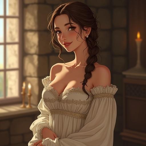 A graceful 25-year-old woman illustrated in a soft semi-realistic style. She has an elegant hourglass figure. Her skin is porcelain-smooth with a subtle matte glow and faint freckles. She smiles conveying calm confidence. Her chestnut brown hair is loosely braided. She wears an off-shoulder medieval nightgown made from soft linen in pale earthy tones. The gown is delicately embroidered. She stands in a rustic stone cottage lit by warm candlelight. The atmosphere is serene and emotionally rich.
