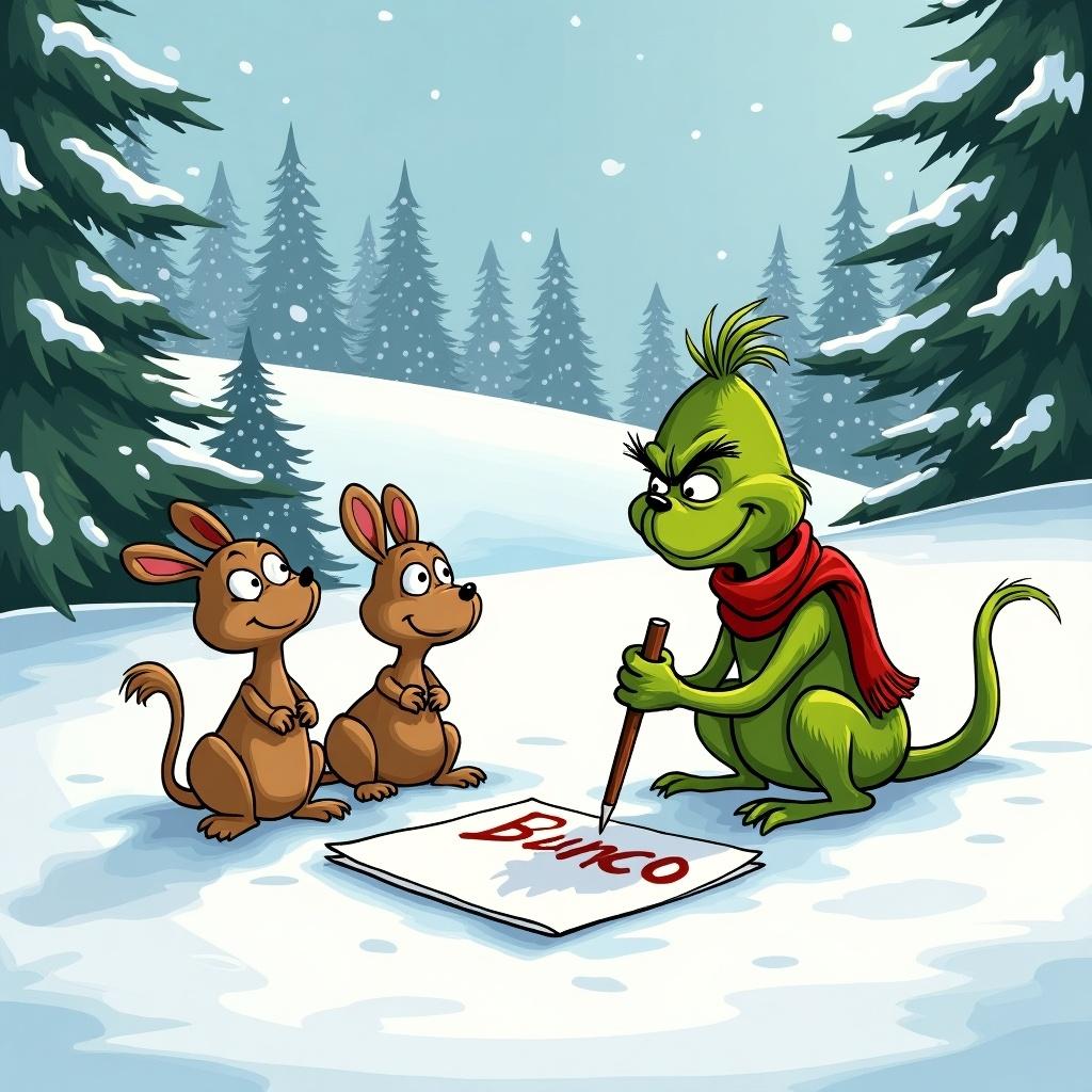 The Grinch writes Bunco Babes in the snow. Scene shows snow-covered hills and evergreen trees. The Grinch is green with a red scarf.