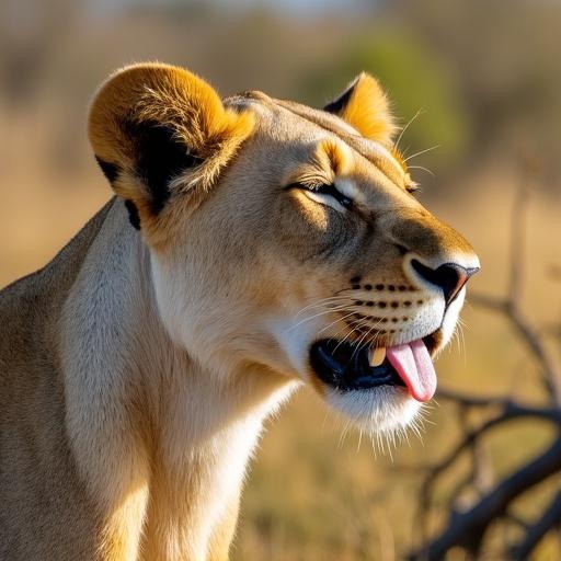 Close-up of a female lion's head with eyes closed. Lion's sharp teeth visible. Soft tongue rests inside mouth with throat open. Background shows African savanna with yellow grass and branches.