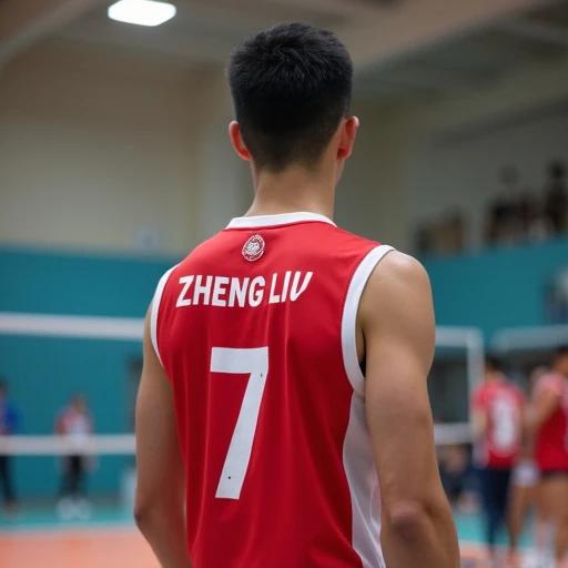 Volleyball player wearing a university uniform colors red and white. His name is Zheng Liu and the number is 7. The player is a Singaporean man. The image displays the back of the player without showing his face. The setting is an indoor gym with a bright atmosphere.