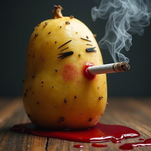 A potato with a cigarette. Smokes coming from the cigarette. Blood running down the potato's surface.