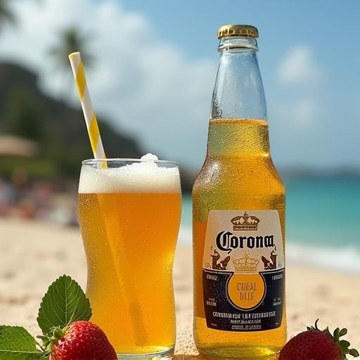 Two cold bottles of Corona beer with a beach background. A glass with a straw is next to the bottles. Bright colors and clear sky.