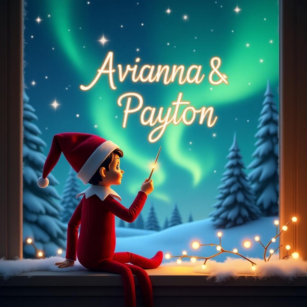 The image features a whimsical Elf on the Shelf character with its back to the viewer, sitting by a window. The elf is elegantly writing the names 'Avianna & Payton' in the night sky using a magic wand. Outside the window is a breathtaking Christmas scene, complete with magical northern lights and a silhouette of Santa. Snow-covered trees add to the wintry charm, while warm lights frame the window, giving a cozy feel. This enchanting view perfectly captures the holiday spirit, making it a delightful illustration for children and families.