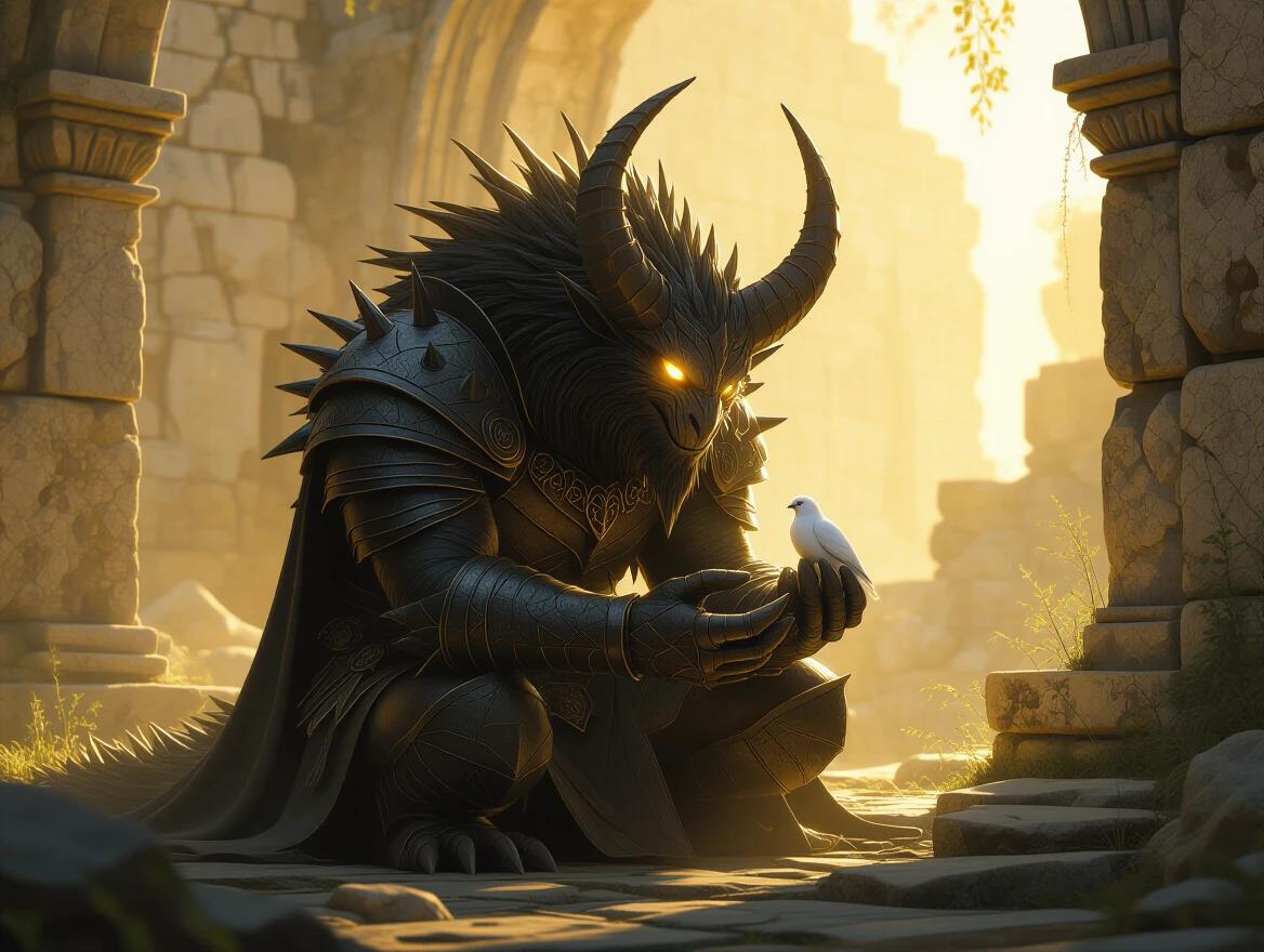 A massive spiked beast in armor kneels softly while cradling a tiny white bird. The setting is an overgrown stone ruin illuminated by golden light. The creature has intimidating horns and glowing claw scars, with a gentle expression against a backdrop of warm backlighting. The composition emphasizes fantasy realism with cinematic contrast and hyperdetail.