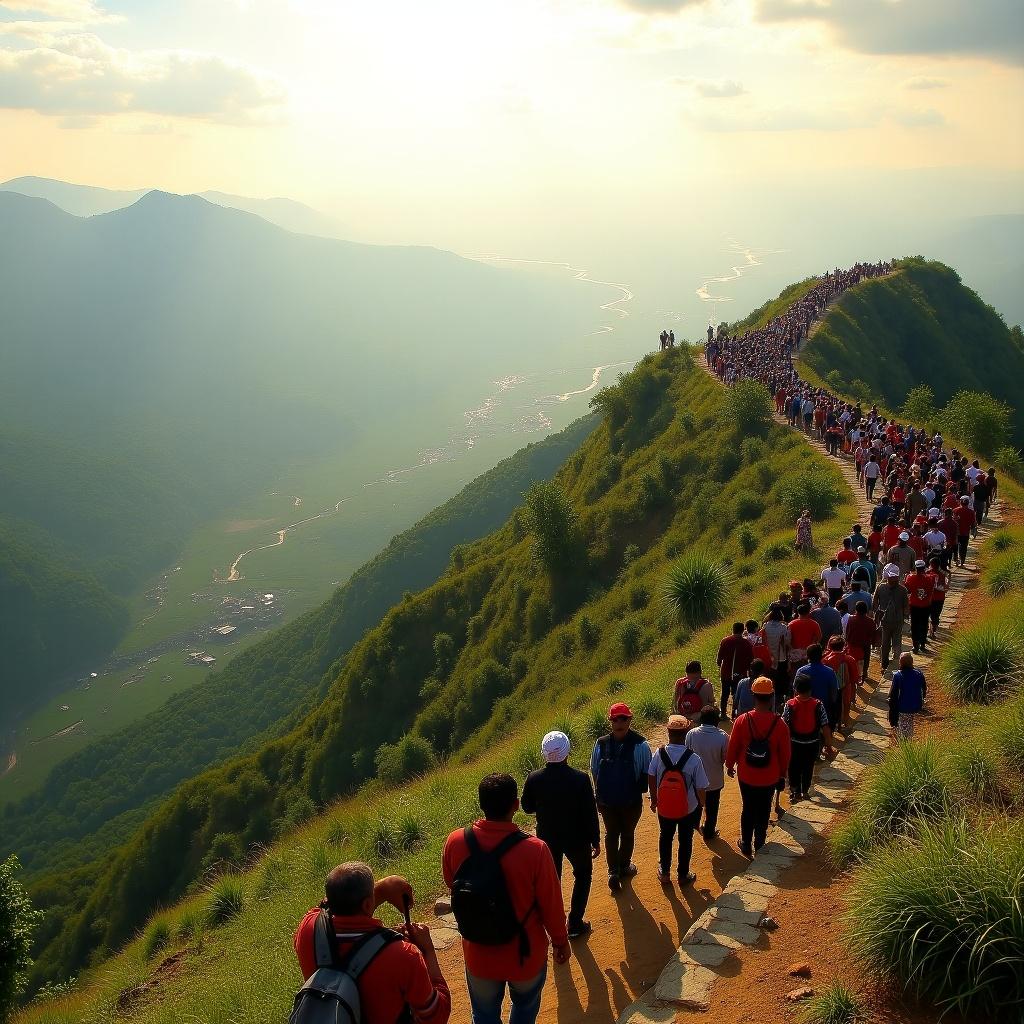 Scenic view of Vajragad hill showing crowds on a rugged trail. Hill has lush green vegetation. Pathway includes rocks and patches of grass. Crowd of diverse people in colorful clothes. They carry bags and sticks. Atmosphere is lively with groups admiring the view. Valley below shows forests, villages, and rivers. Sky is vibrant with clouds and golden sunlight.