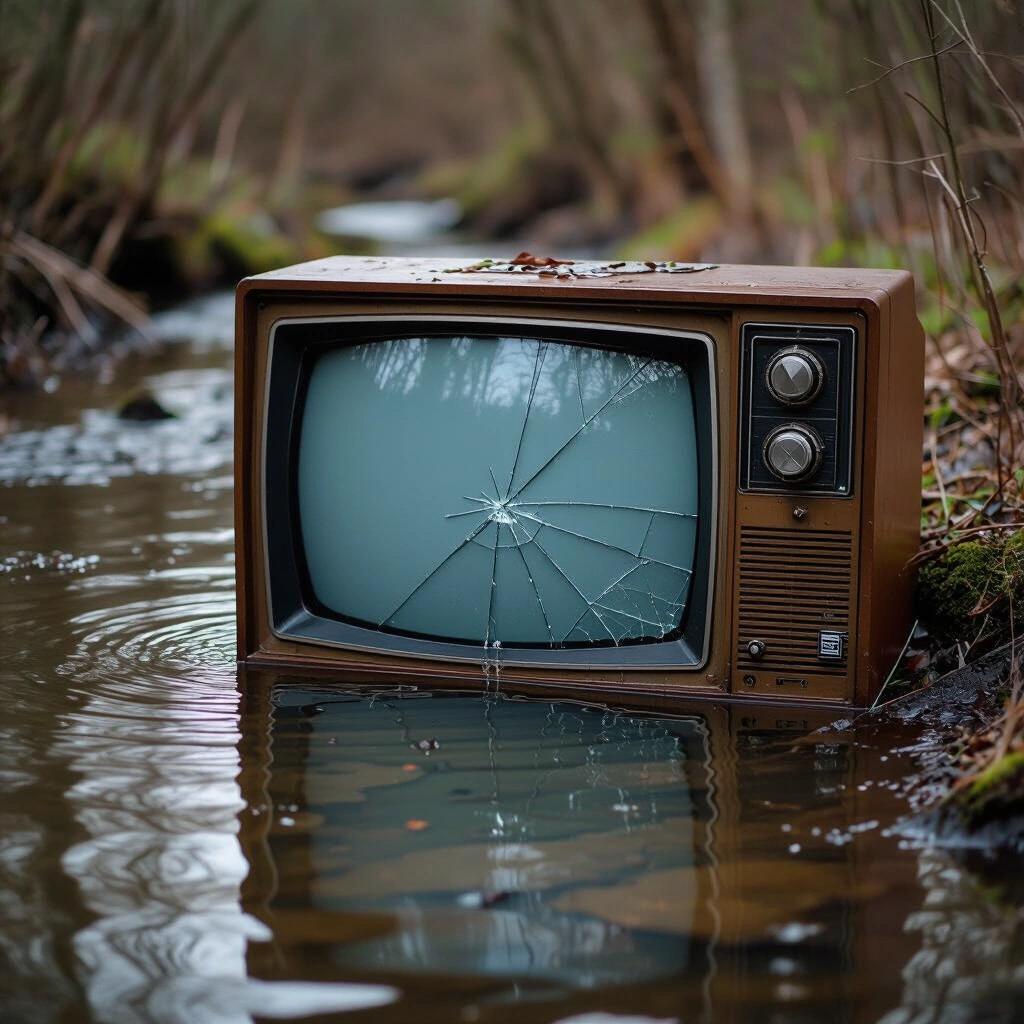 An old television set dumped in a creek. The screen is cracked. Water flows slowly through the TV. The scene is set in nature with trees around.