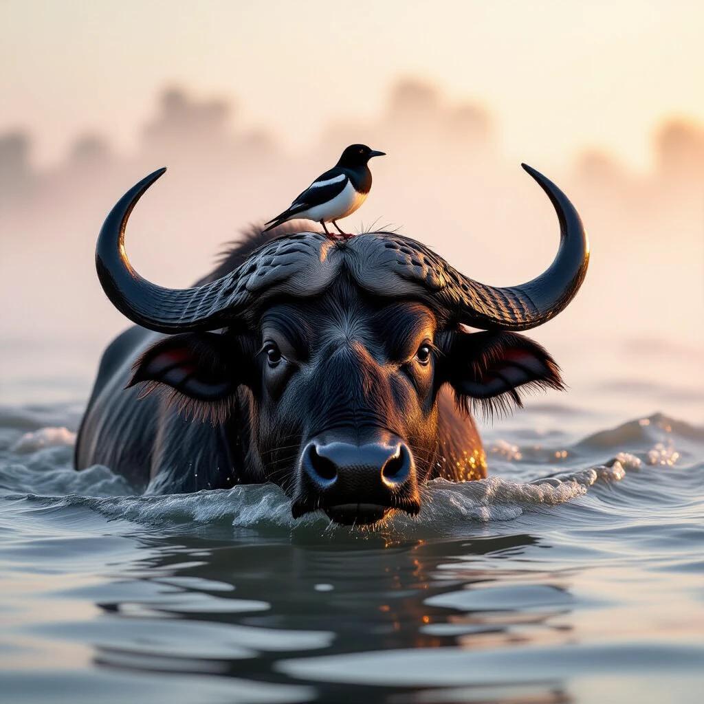 Extreme close-up of a wild water buffalo swimming in foggy water at sunset. A bird rests on the buffalo's head. Photo shows vibrant colors red and grey. Professional wildlife photograph.