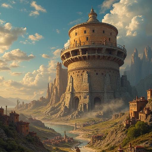 A large cylindrical tower set in a fantasy landscape with mountains and a river. The scene is colorful with dramatic clouds. Small towns are visible in the foreground. The tower has intricate architectural details. The overall atmosphere is magical and inviting.