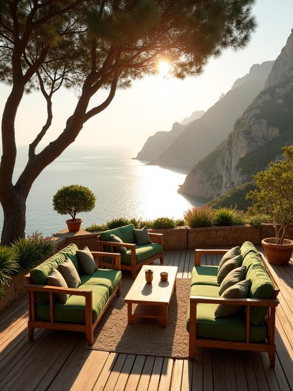 Image showcases an outdoor lounge area on a wooden deck overlooking a coastal bay. Rugged mountains frame the view. Sunlight casts dramatic rays through trees, creating a tranquil ambiance. Plush green seating invites relaxation. Potted plants add color and life.