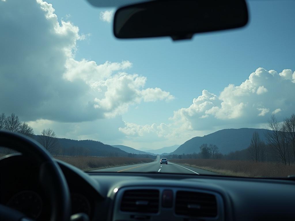 Change the blue sky to a cloudy weather scene while keeping the rest of the image intact. Maintain the size of the image, the interior of the car, and the surrounding environment as they are. The clouds should be soft and fluffy, obscuring some of the blue but allowing hints of it to remain visible. The overall light should be slightly dimmer to reflect the overcast conditions. This adds a moody touch to the sunny drive.