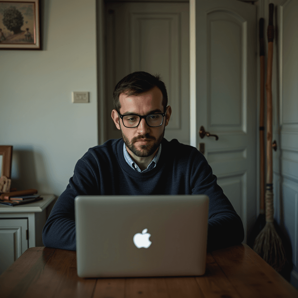 A man with glasses intently works on a laptop at a wooden table in a dimly lit room.