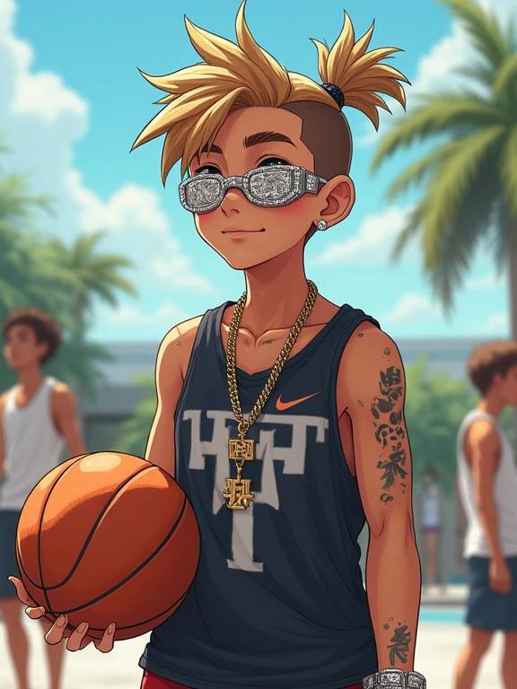 Anime character playing basketball outside with friends in Miami. Quarter Saiyan boy with light brown spiky hair and muscular arms. Wearing Nike streetwear and diamond encrusted jewelry. Afternoon summer setting.