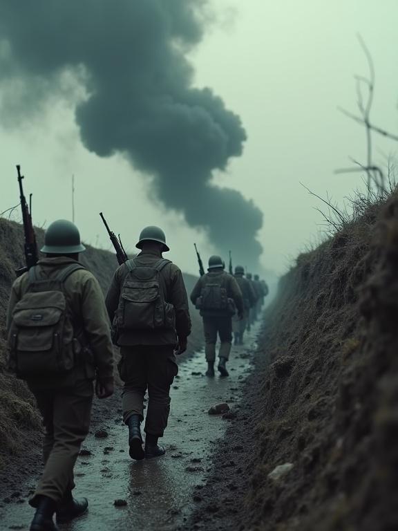 Hyper-realistic World War II battlefield scene. Soldiers advance through muddy trench. Thick black clouds in the sky from an explosion. Ground is soaked and cratered. Soldiers wear authentic WW2 gear. Atmosphere is tense and gritty. Muted desaturated colors like vintage war photography. Shot from low angle with depth of field and motion blur. 8K cinematic style.