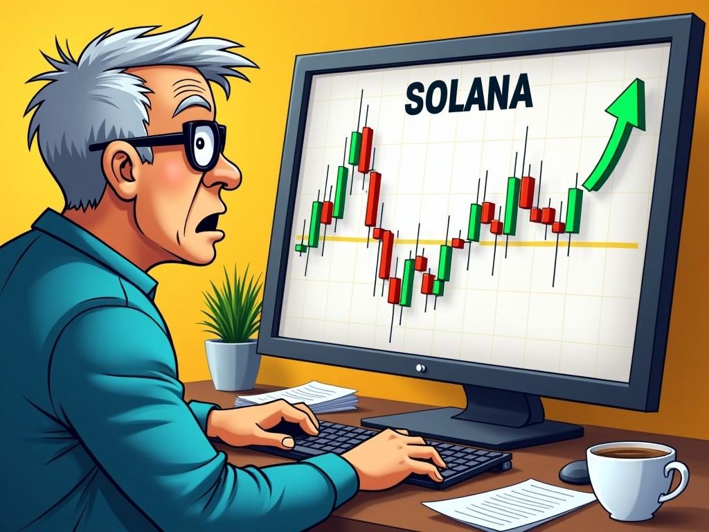 The image features an older man with gray hair, wearing glasses, intently focused on a computer screen showing the word 'SOLANA' and a fluctuating trading chart. He sits at a desk with a plant, a cup of coffee, and sheets of paper. The background is a vibrant yellow that adds a lively atmosphere. The upward trend on the chart suggests positive market movement. The man's expression shows surprise and concern as he analyzes cryptocurrency data, reflecting the volatility and excitement of trading.