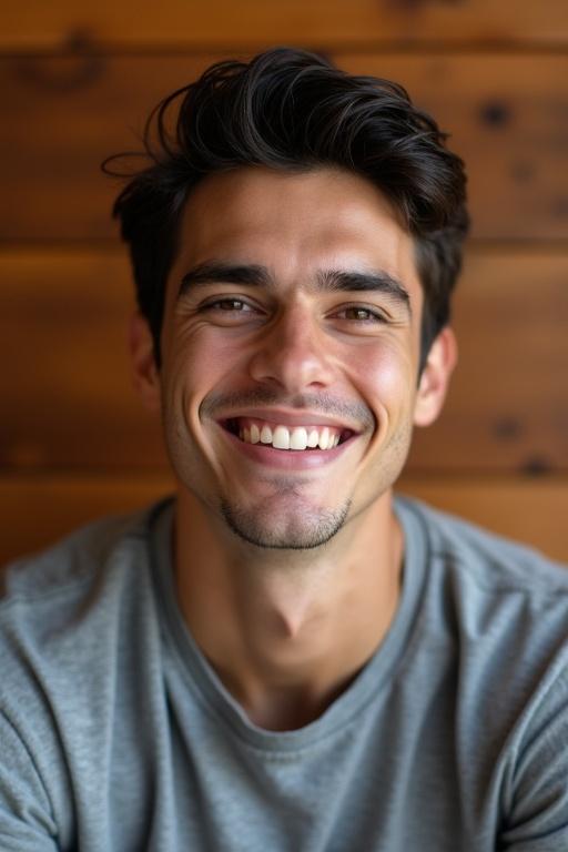 A young man has dark hair. He smiles broadly with a cheerful expression. Background has wooden panels creating a warm feel. He wears a gray T-shirt. Soft lighting highlights features giving a cozy atmosphere.