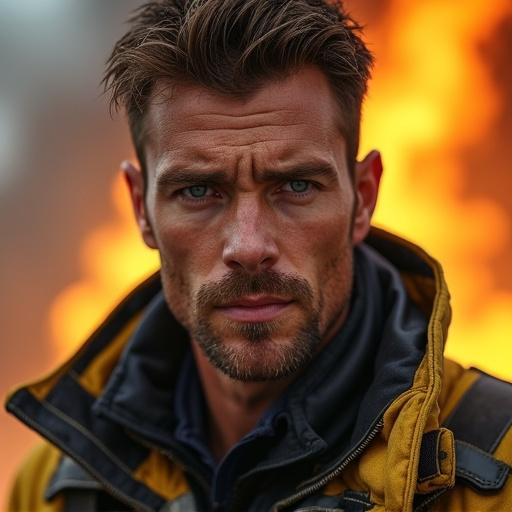 Portrait of Caucasian male firefighter in traditional yellow and black turnout coat. Strong features including chiseled jawline and deep-set blue eyes. Short tousled hair. Dynamic warm lighting from flames in the background. Low angle perspective showcasing his heroism.