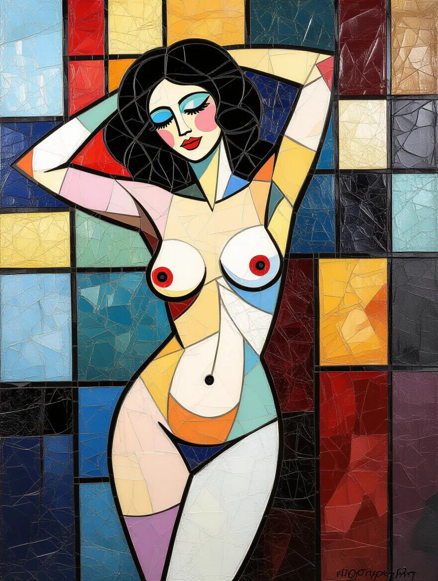 An abstract mosaic depicting a female figure made of iridescent ceramic tiles and glass. The artwork combines the styles of Klimt and Matisse creating a vivid and colorful composition.