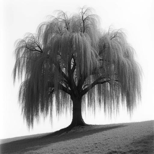 Willow tree depicted in black and white. Photographic realism with soft lighting. Large tree with long, drooping branches. Positioned on a gentle hillside.
