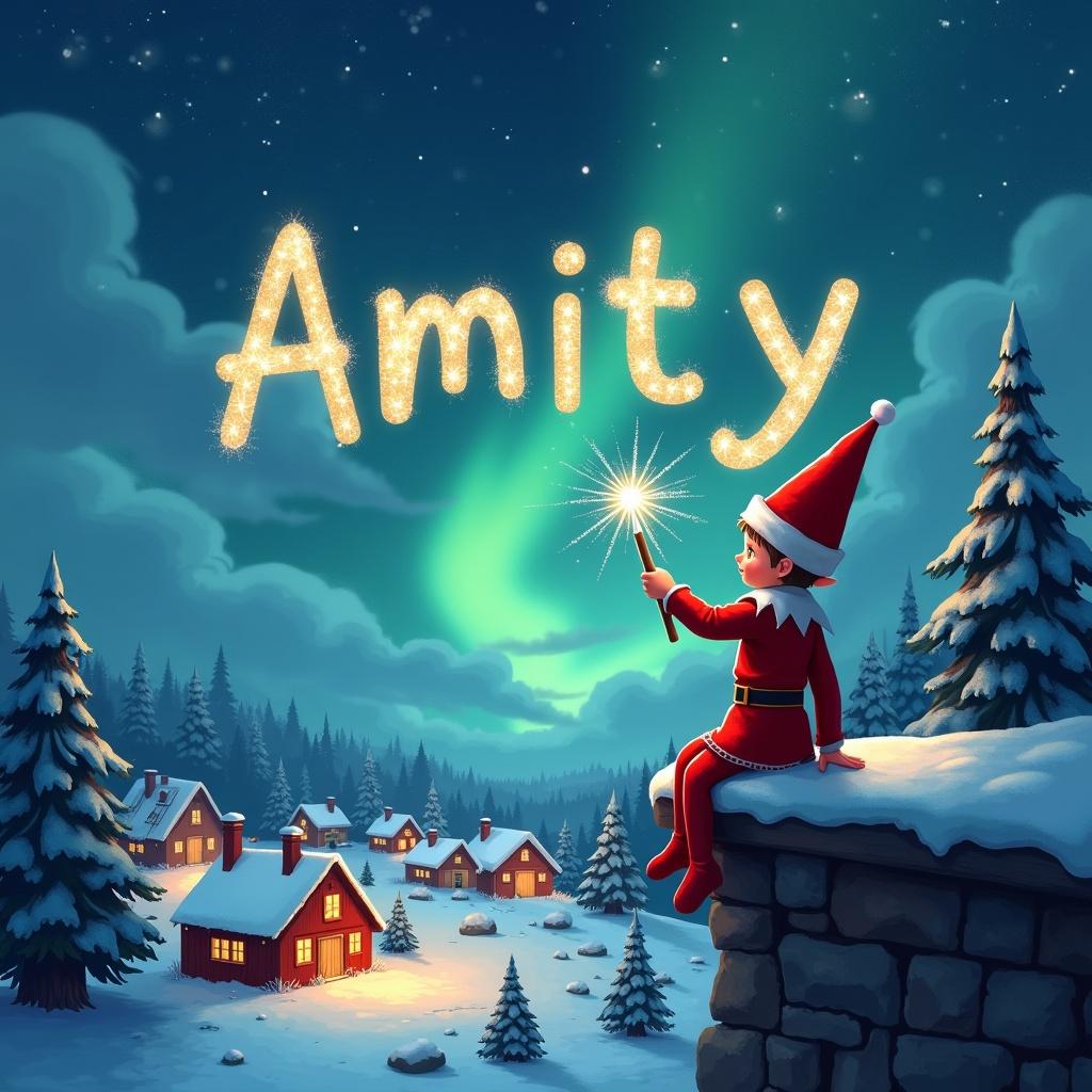 An elf on a ledge wears red and a pointed hat. It holds a wand creating shimmering letters in the night sky. Below is a snowy landscape with illuminated houses and trees. The atmosphere conveys childhood magic and Christmas spirit. The name Amity is visible in the clouds.