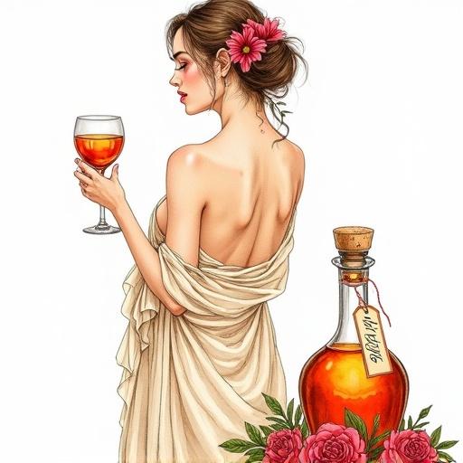 Detailed ink and watercolor art of a topless venus goddess in her mid-thirties. Frontview portrait. Offering a toast with a cocktail glass. Wearing a lush translucent silk wrap. Flower behind her ear. Golden-reddish lips. Simple line art. White background. Apothecary bottle nearby with golden-reddish glow. Cork lid on top. Elegant hang tag displays 'ALFRUNO'. Surrounding roses and green herbs add accents.