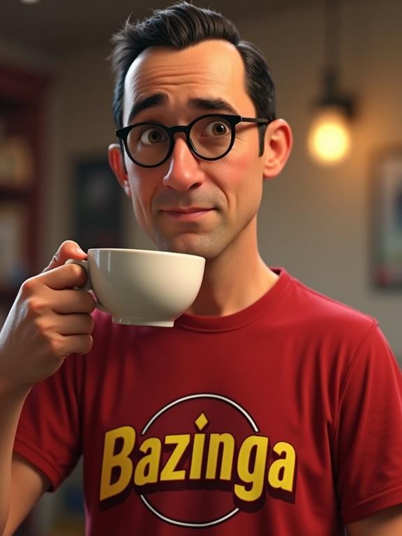 A character in Pixar style holding a cup of hot tea. The character wears a red t-shirt with the text Bazinga. The setting has a cozy feel, with soft lighting and a blurred background.