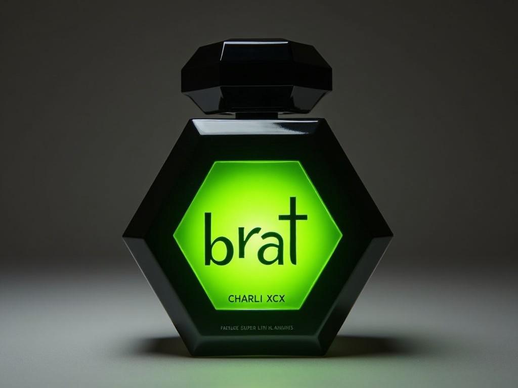 This is an image of a uniquely designed perfume bottle, shaped like a hexagonal prism. The bottle has a matte black exterior with a striking inner core that glows lime green when exposed to light. The logo 'brat' is prominently displayed in raised glossy lime green, while 'Charli XCX' is elegantly etched in metallic silver. The overall design resembles a piece of modern art, combining fashion with cosmetic functionality. The glowing effect of the bottle adds an intriguing, playful element that appeals to a contemporary audience.